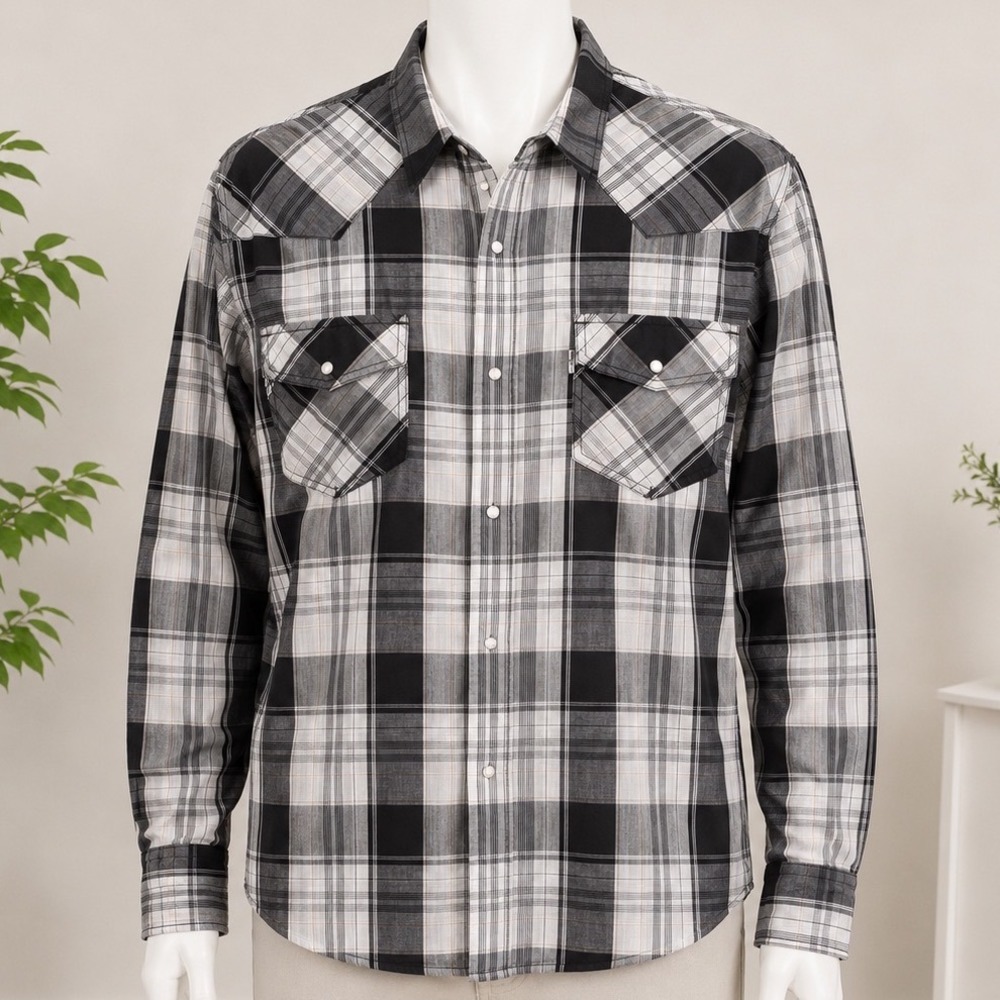 Levis Mens XL Modern Western Pearl Snap Front Plaid Shirt Cowboy Vintage Style